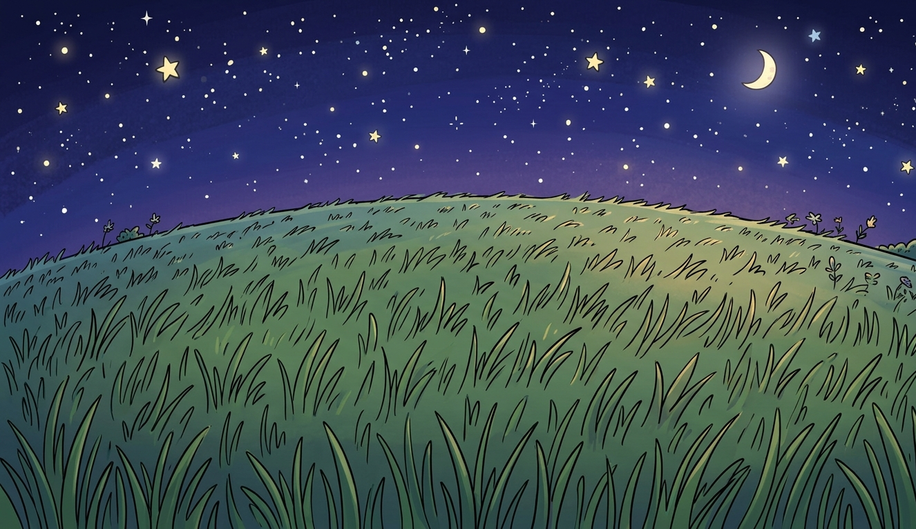 Illustrazione di un prato di fili d'erba sotto un cielo notturno stellato, metafora della teoria del filo d'erba di Zerocalcare.